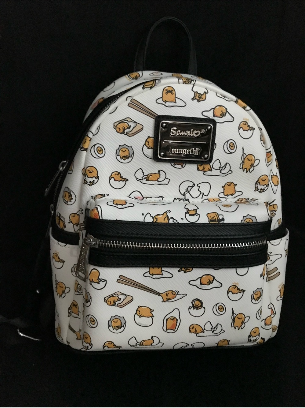 Loungefly White Gudetama Pattern Mini Backpack with Black Trim NWOT